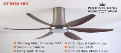  Thương Hiiệu Phoenix King  Động Cơ AC 105W Cao Cấp Có Khiển Từ Xa Sải Cánh 1,44m  Chất Liệu 6 Cánh Nhựa 